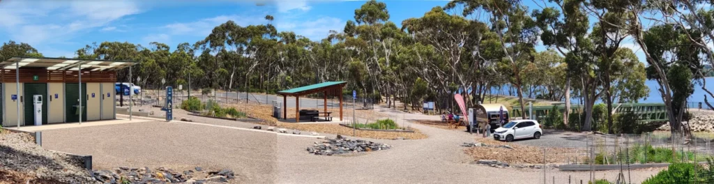 2024-01-05 Happy Valley Reservoir Reserve - from entrance gate - toilets, BBQ, shelter, coffee caravan